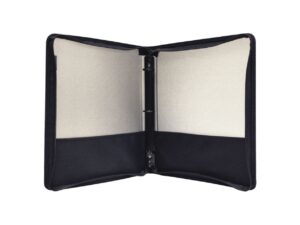 Carpeta con argollas Oxford, tamaño carta, color humo, herraje 3 argollas redondo 1", con asa y cierre, bolsa exterior, orillas forradas, polipropileno