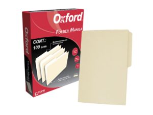 Fólder Manila Oxford, ceja 1/2, tamaño carta, manila de 9.5 pt, presuajado, con dobleces para expansión, color crema, caja c/100